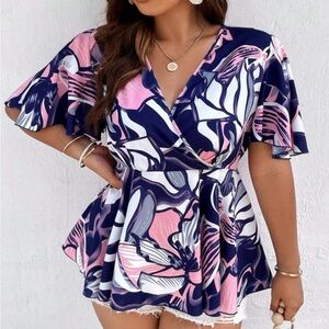 All over Print Butterfly Sleeve Peplum Blouse